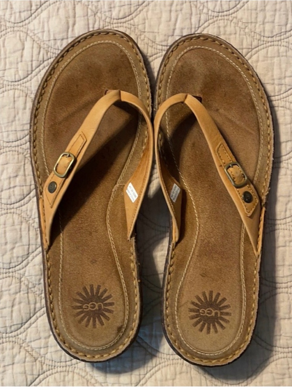UGG Women's Tan Suede Footbed Thong Sandals with Leather Straps